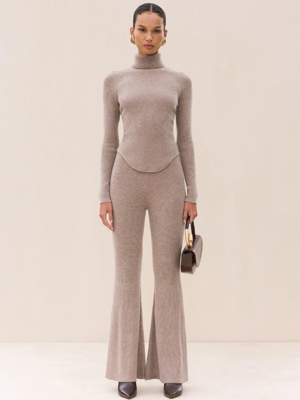 NWT Cult Gaia Ezzie Cashmere Wool Ribbed Kick Flare Pants Sz Small, Tan Oatmeal